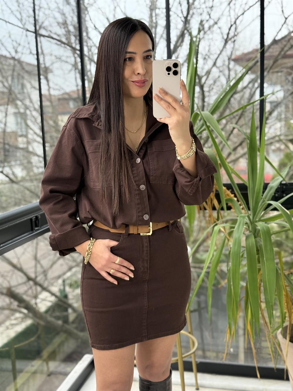 Düğmeli Mini Kot Elbise Kahve