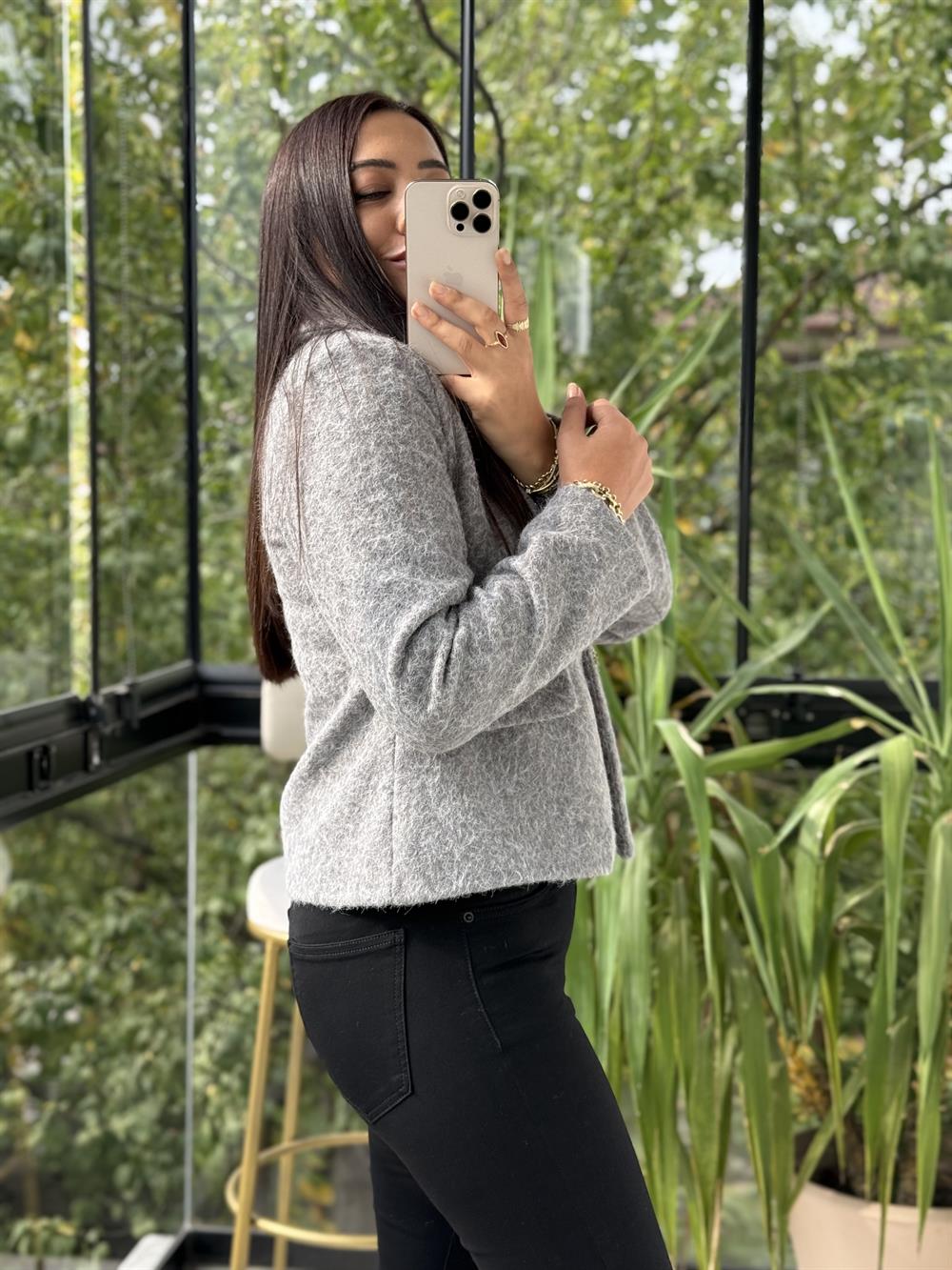 Kısa Gold Düğme Yün Ceket Gri