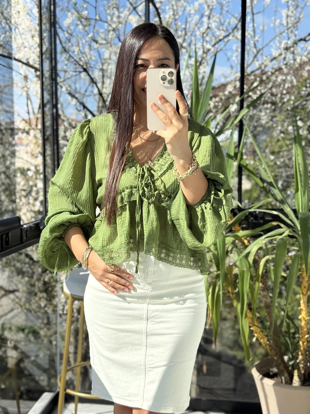 Dantelli Uzun Kol Bluz Yeşil