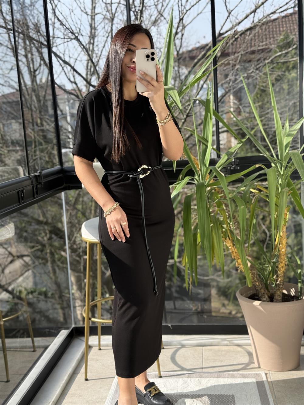 Kemerli Modal Elbise Siyah