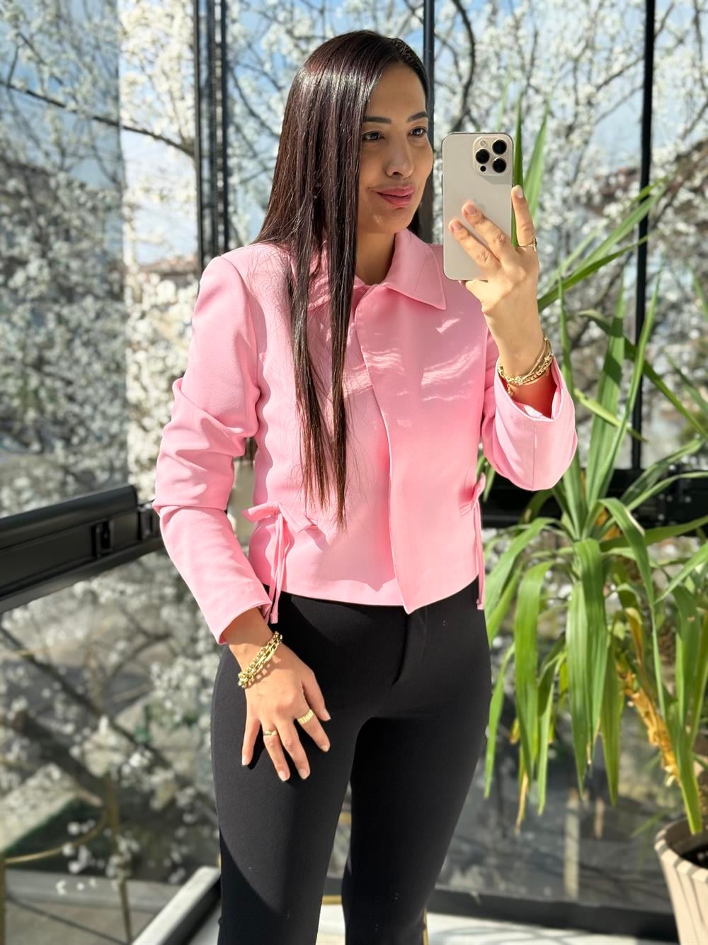 Uzun Kol Fiyonklu Blazer Ceket Pembe