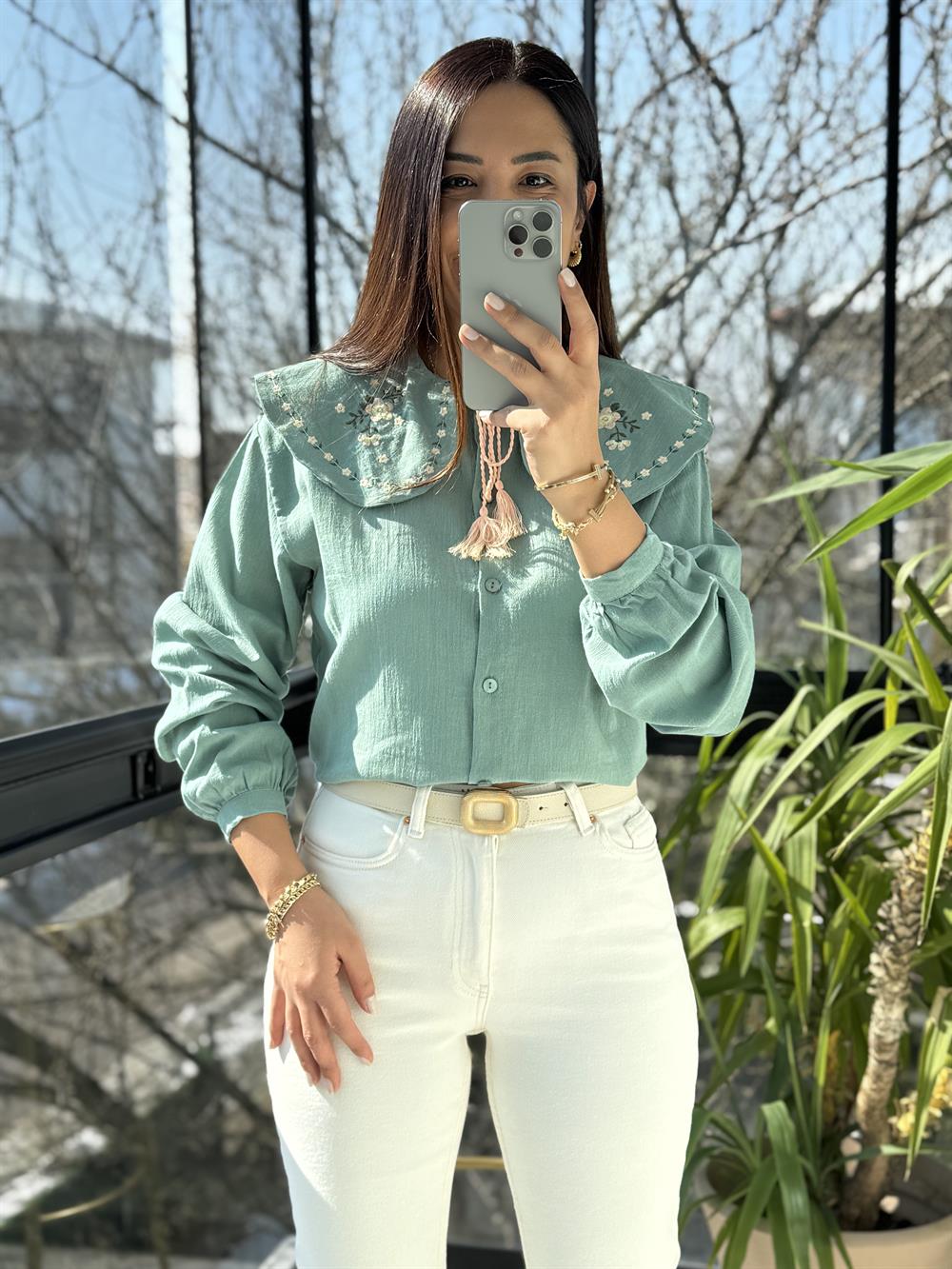 Bebe Yaka Nakışlı Gömlek Yeşil