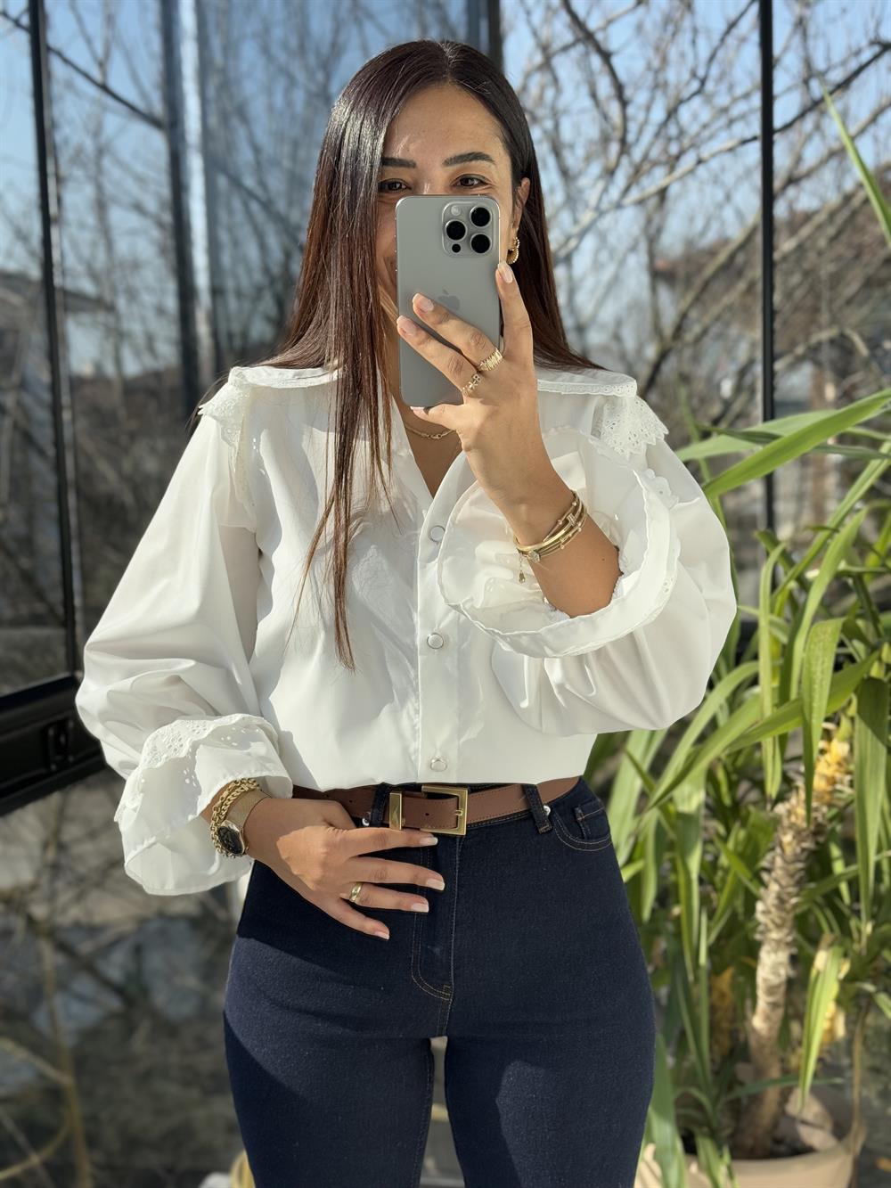 Bebe Yaka Pamuklu Tok Doku Gömlek Beyaz