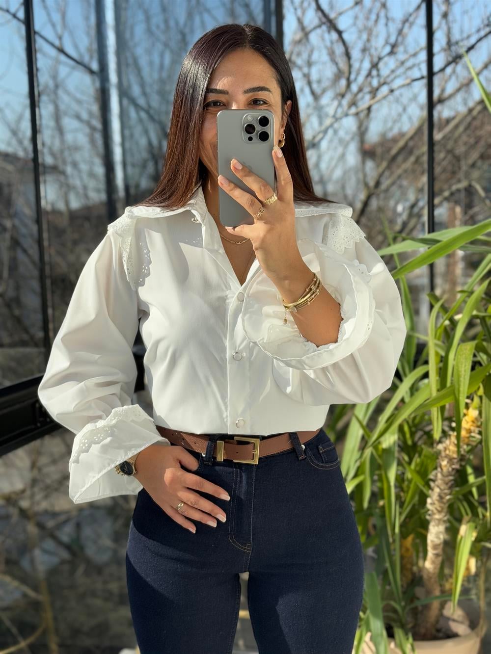 Bebe Yaka Pamuklu Tok Doku Gömlek Beyaz