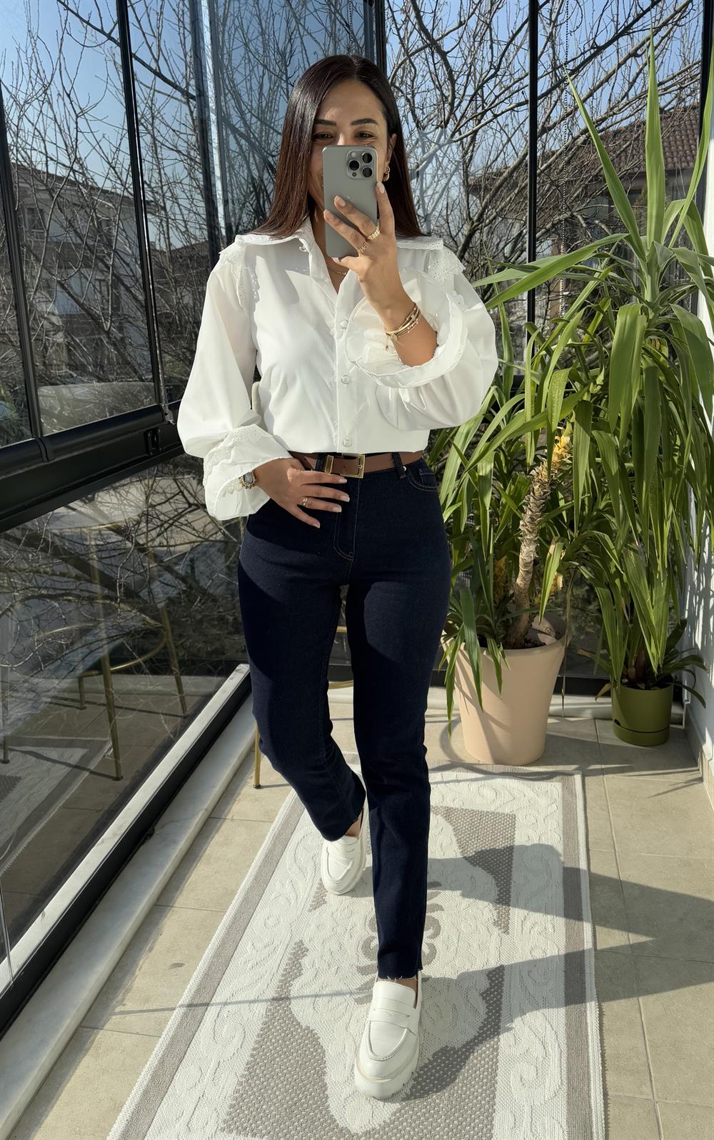 Bebe Yaka Pamuklu Tok Doku Gömlek Beyaz