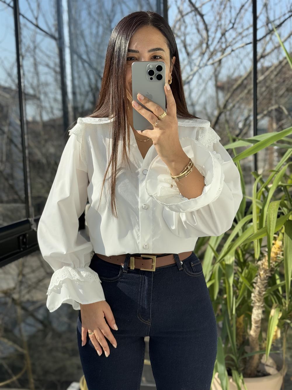 Bebe Yaka Pamuklu Tok Doku Gömlek Beyaz