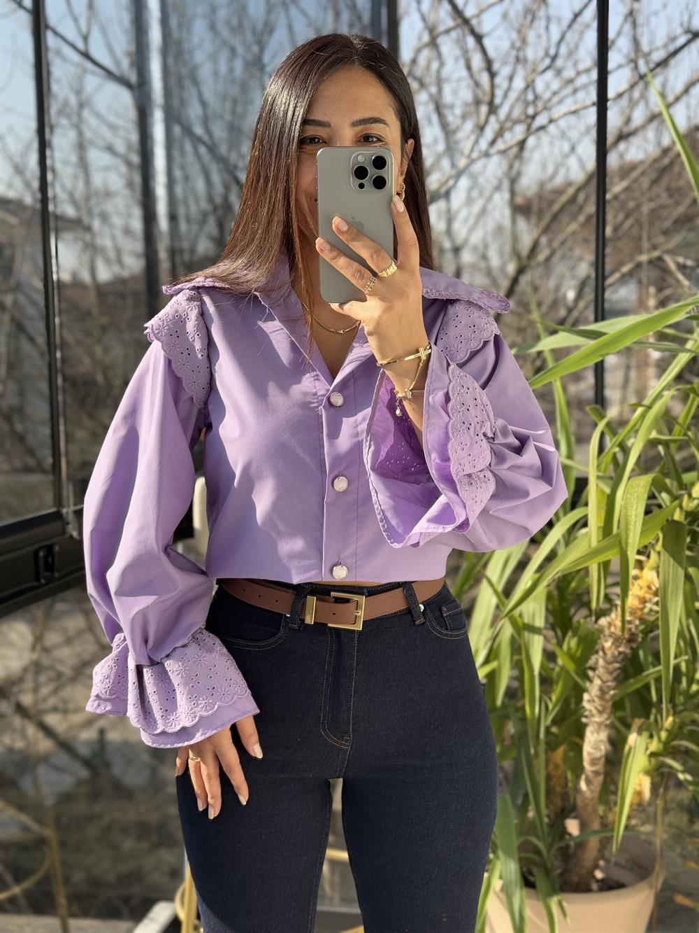 Bebe Yaka Pamuklu Tok Doku Gömlek Lila