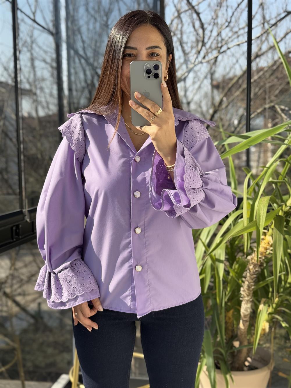 Bebe Yaka Pamuklu Tok Doku Gömlek Lila