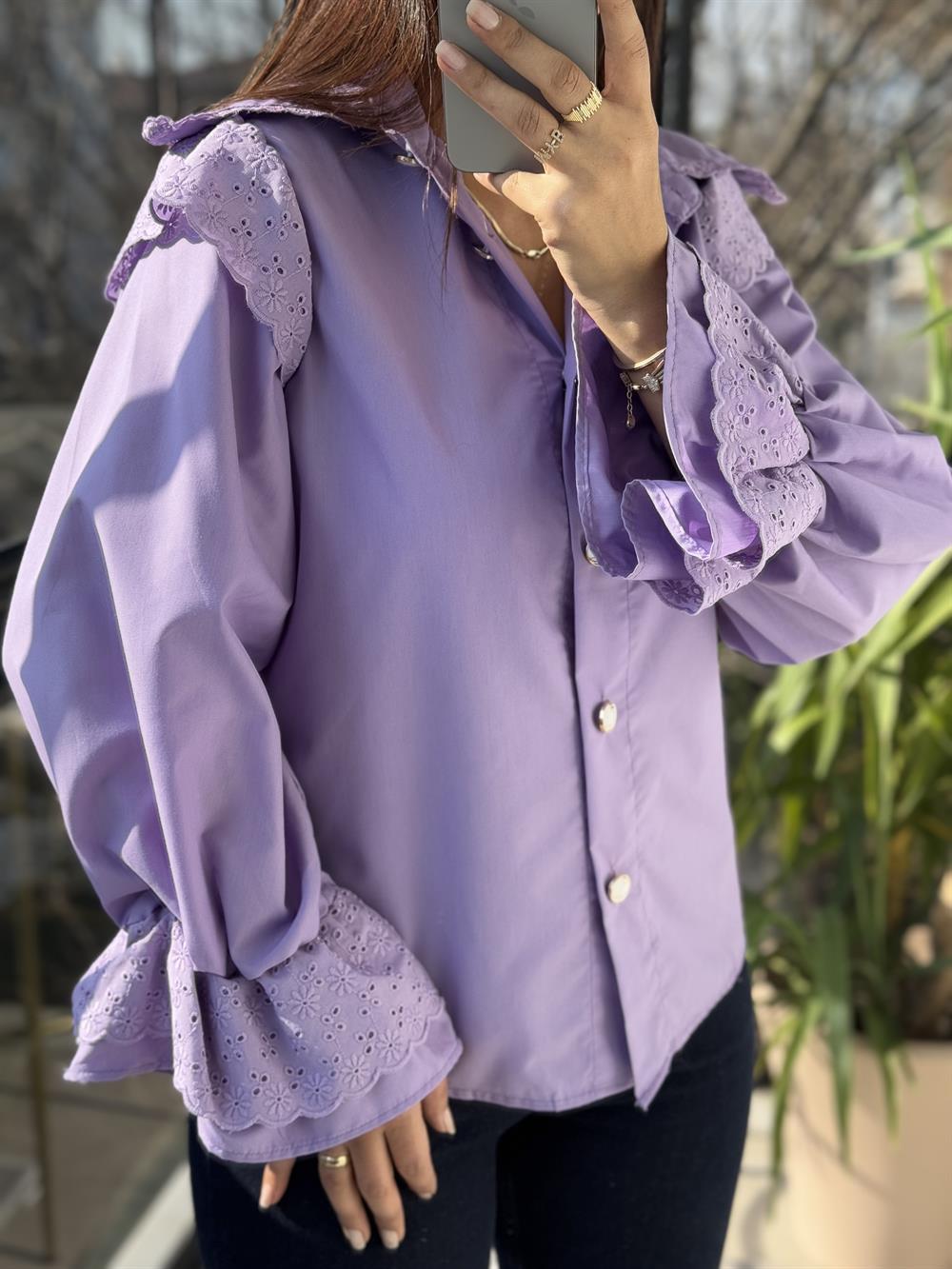 Bebe Yaka Pamuklu Tok Doku Gömlek Lila