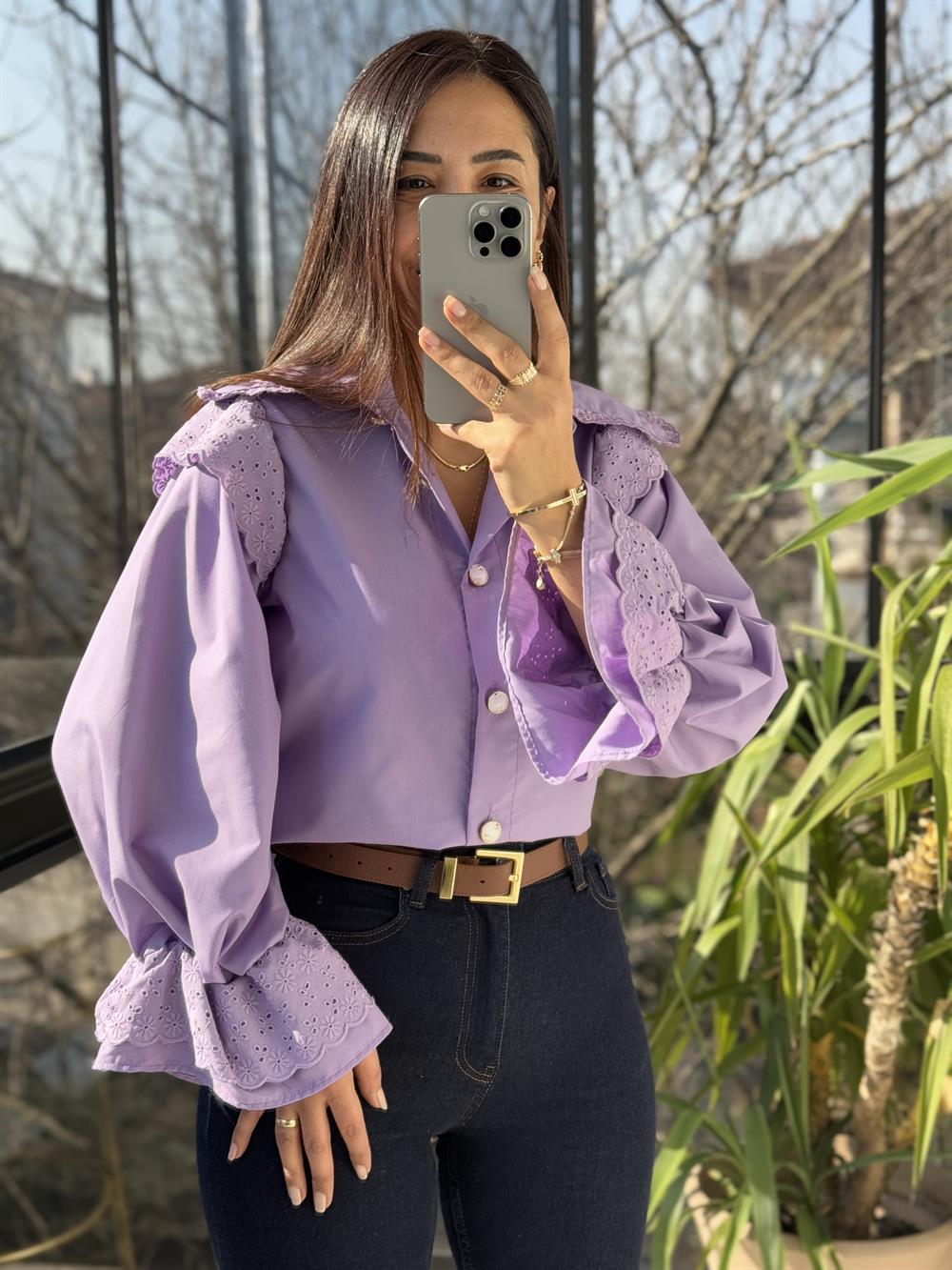 Bebe Yaka Pamuklu Tok Doku Gömlek Lila