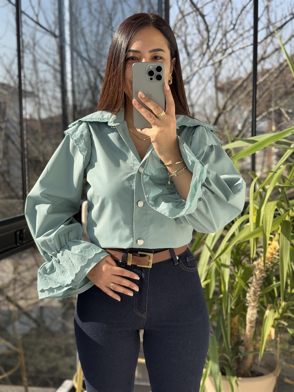 Bebe Yaka Pamuklu Tok Doku Gömlek Yeşil