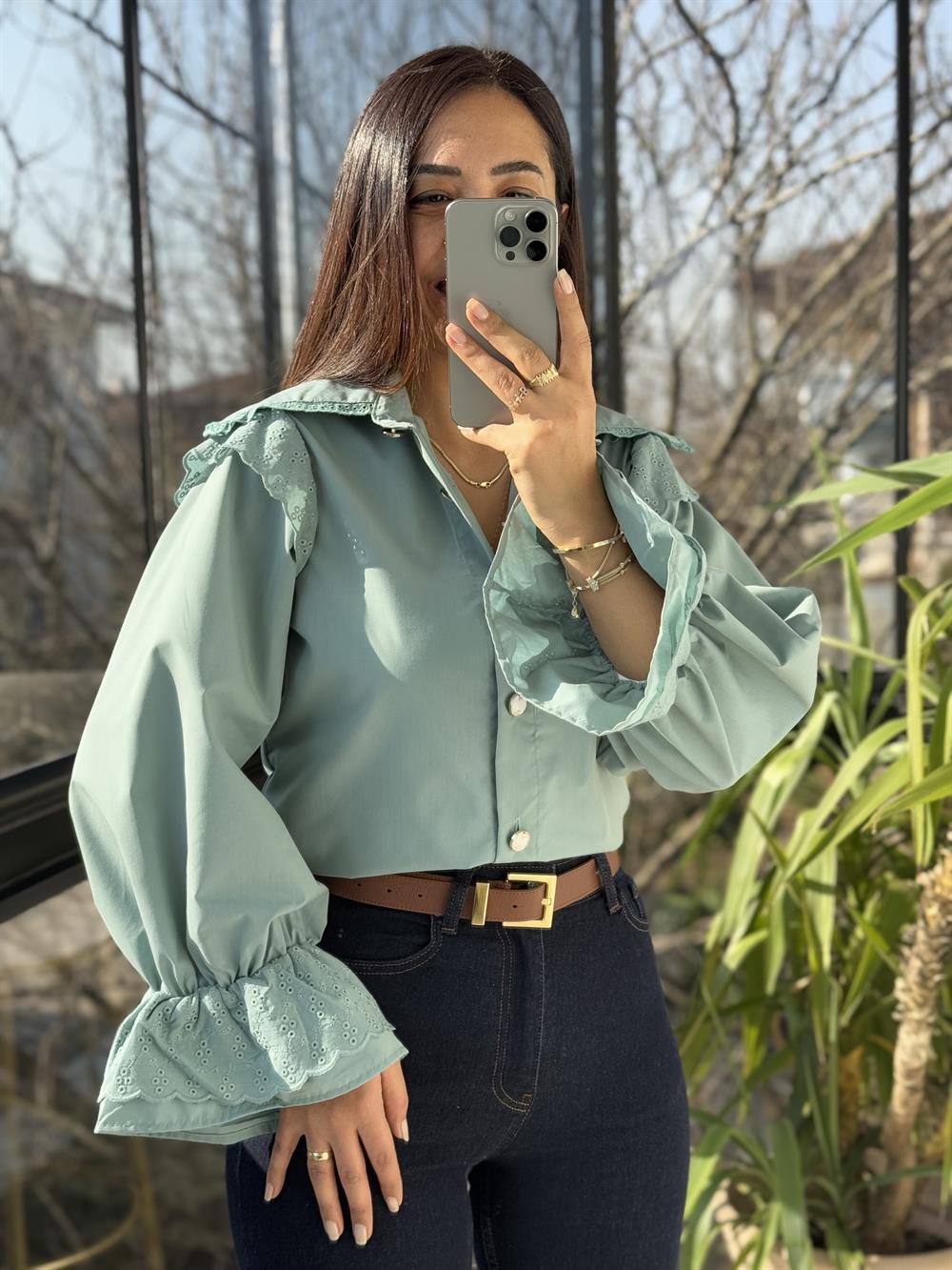 Bebe Yaka Pamuklu Tok Doku Gömlek Yeşil