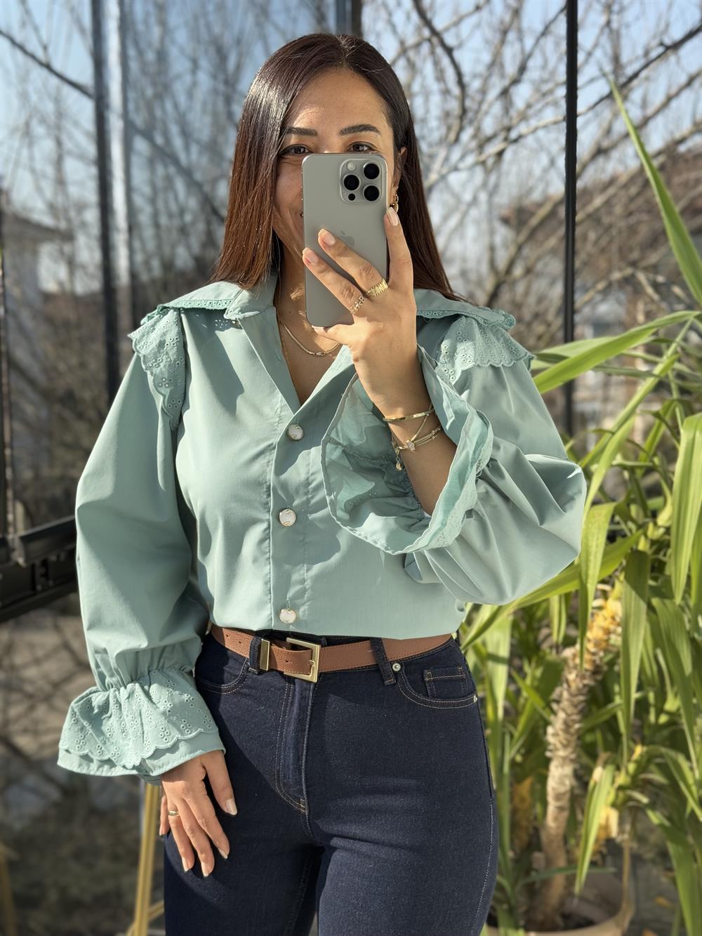 Bebe Yaka Pamuklu Tok Doku Gömlek Yeşil