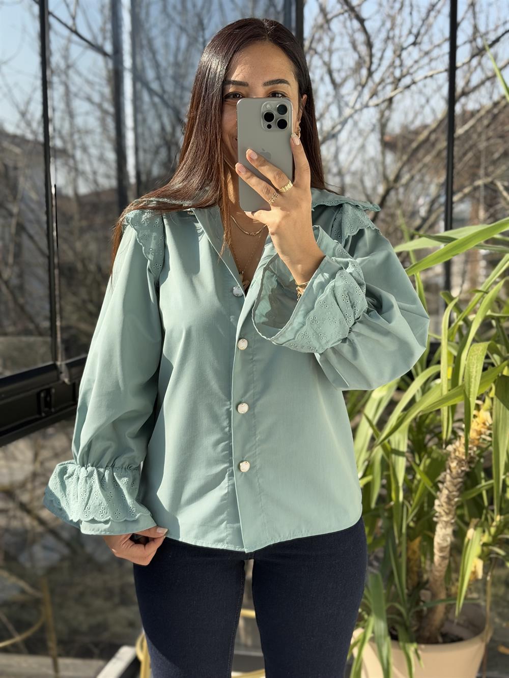 Bebe Yaka Pamuklu Tok Doku Gömlek Yeşil