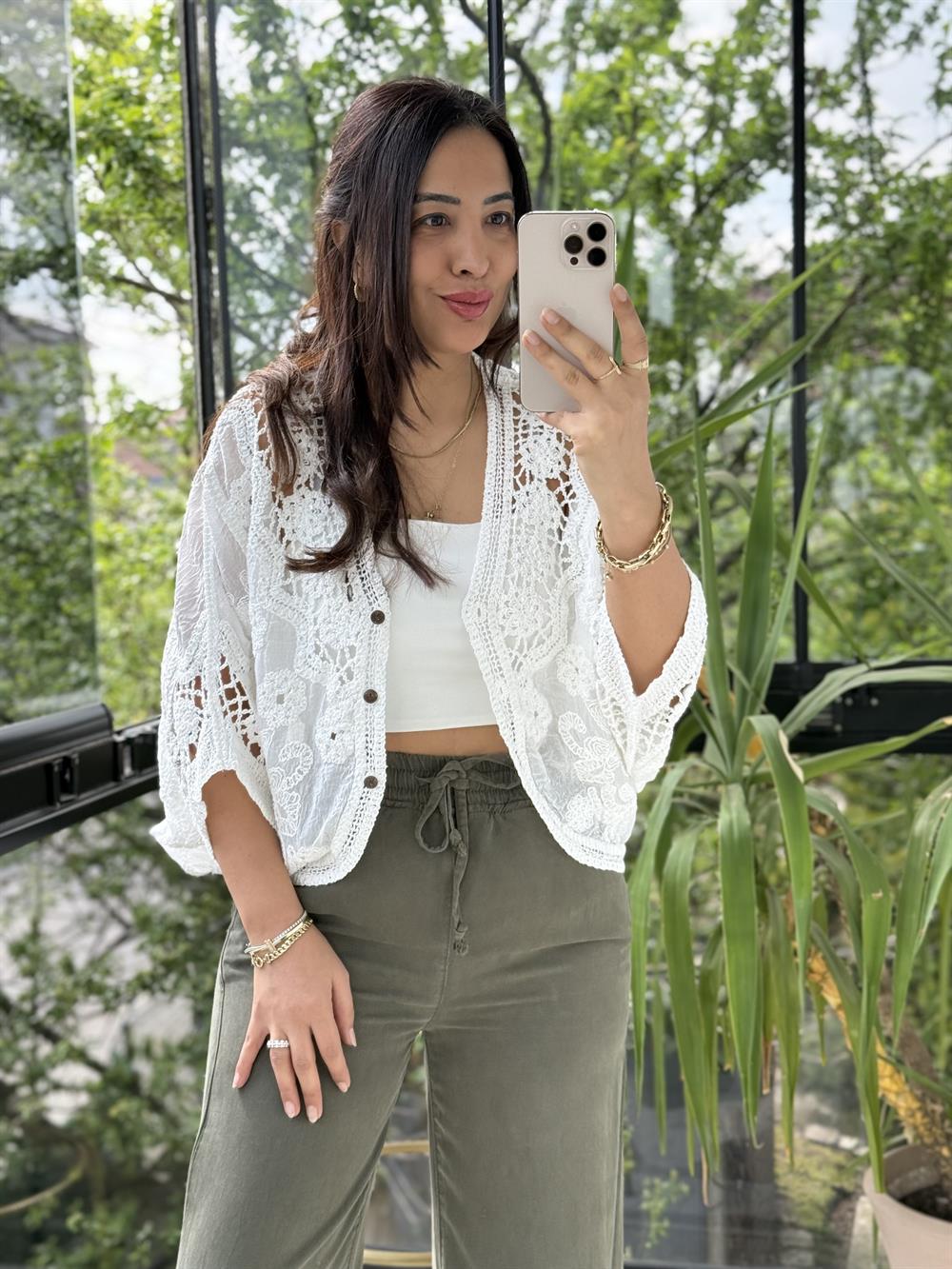 Payetli Örme Kısa Kol Hırka Beyaz