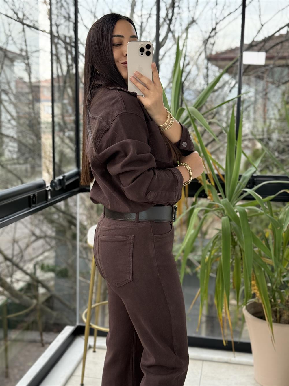 Beli Büzgülü Klasik Kot Tulum Kahve