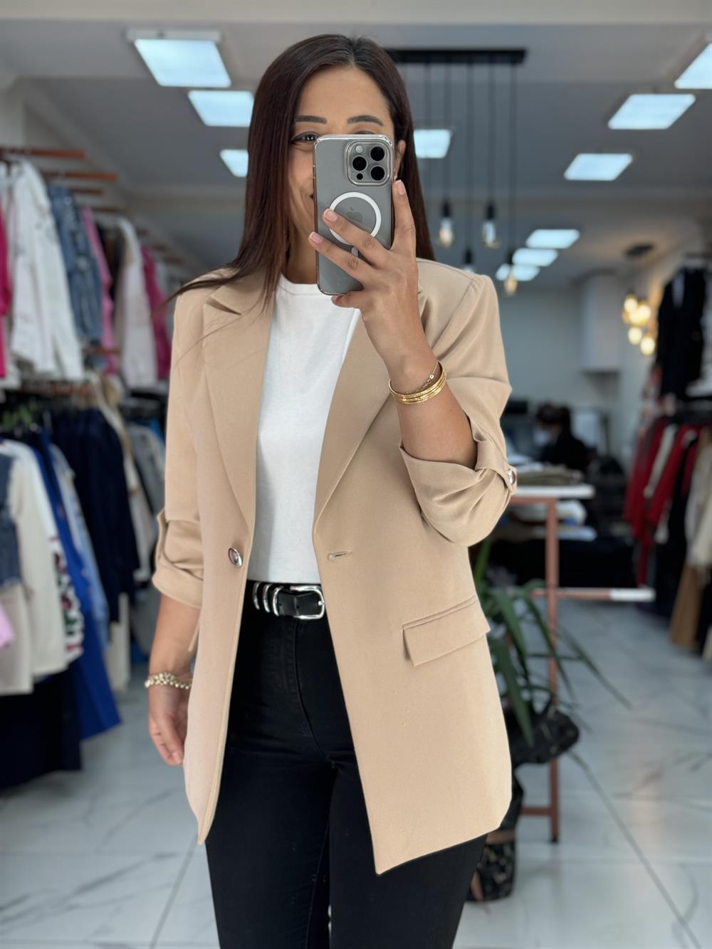 Bej Kolu Düğmeli Blazer Ceket