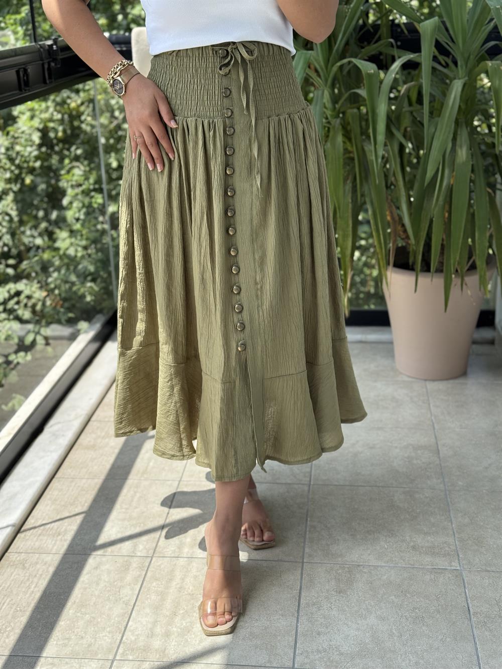 Bel Detaylı Düğmeli Etek Haki Yeşili