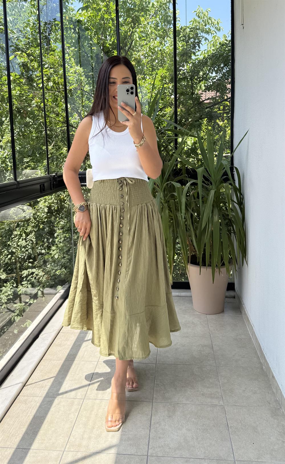 Bel Detaylı Düğmeli Etek Haki Yeşili