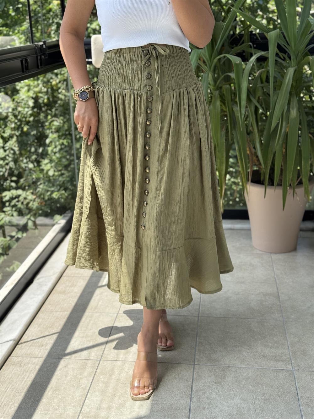 Bel Detaylı Düğmeli Etek Haki Yeşili