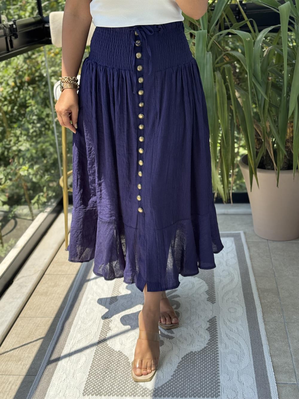 Bel Detaylı Düğmeli Etek Lacivert