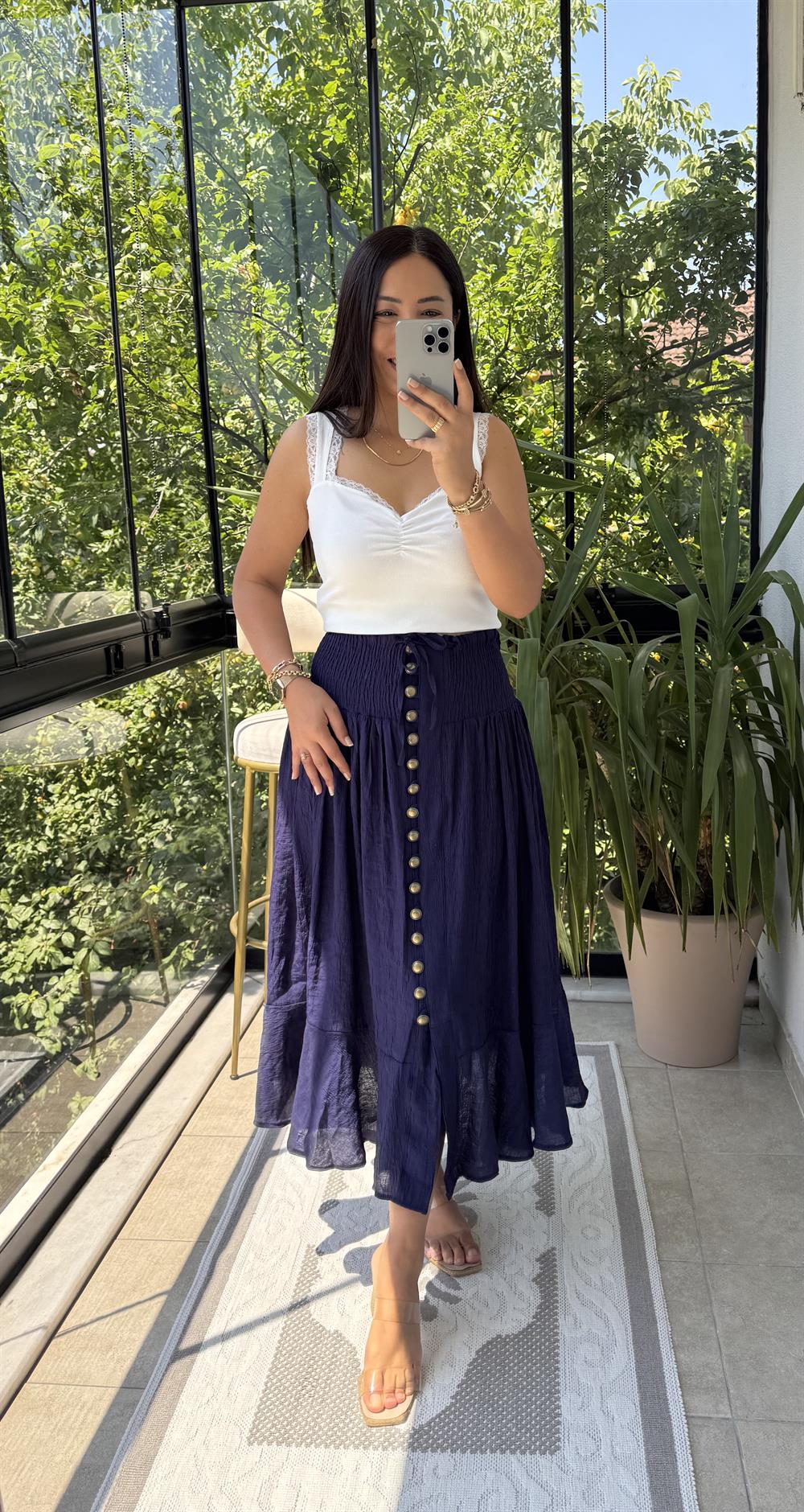 Bel Detaylı Düğmeli Etek Lacivert