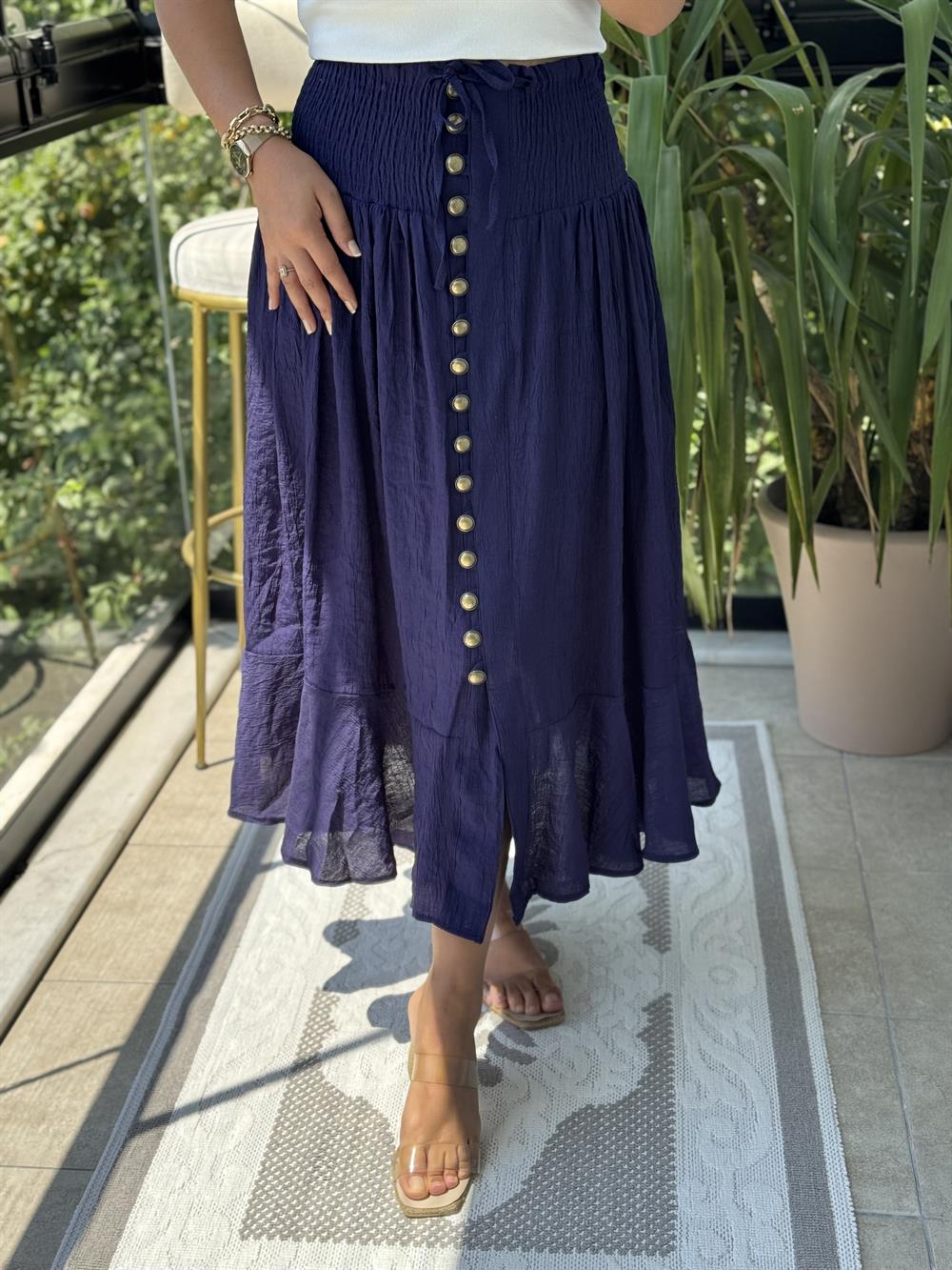 Bel Detaylı Düğmeli Etek Lacivert