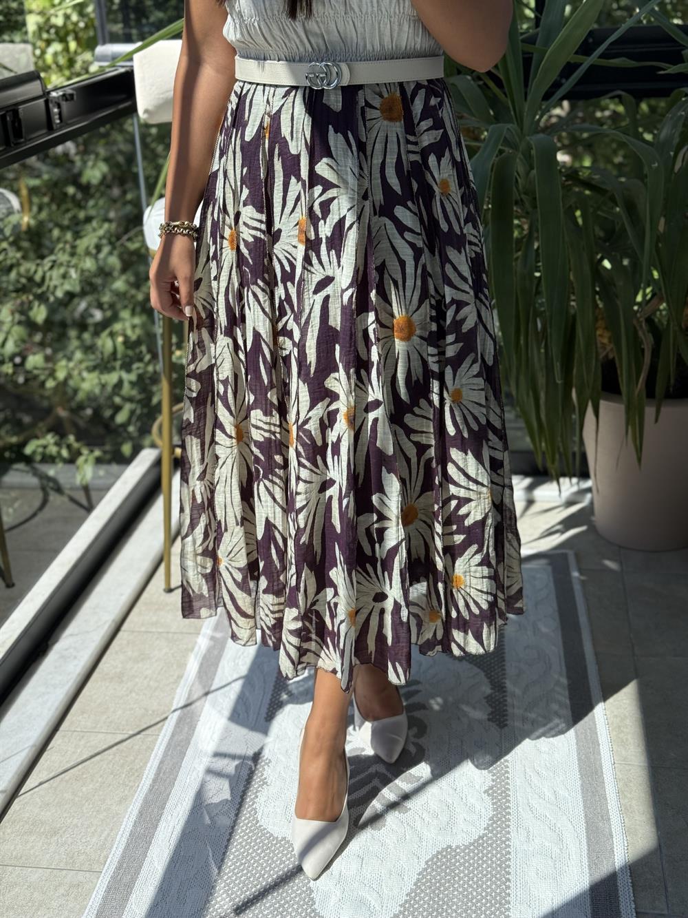 Beli Biye Detaylı Parçalı Desenli Etek Kahve