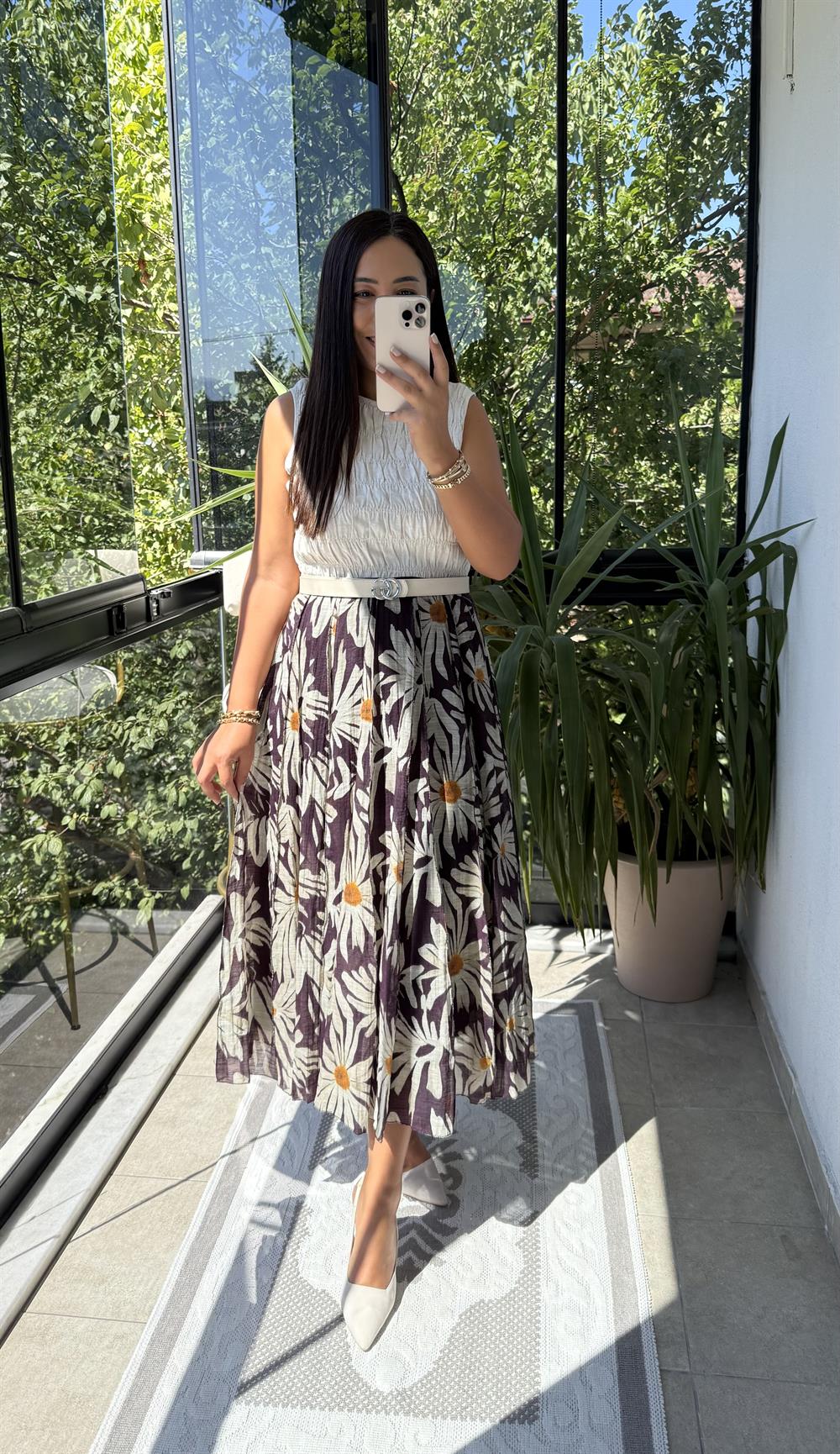 Beli Biye Detaylı Parçalı Desenli Etek Kahve