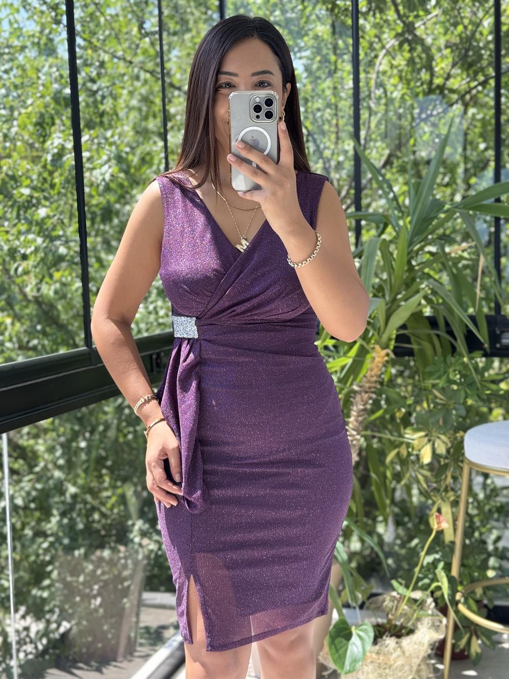 Beli Broşlu Kolsuz Araboy Abiye Mürdüm