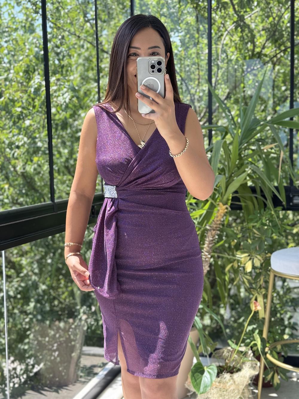 Beli Broşlu Kolsuz Araboy Abiye Mürdüm