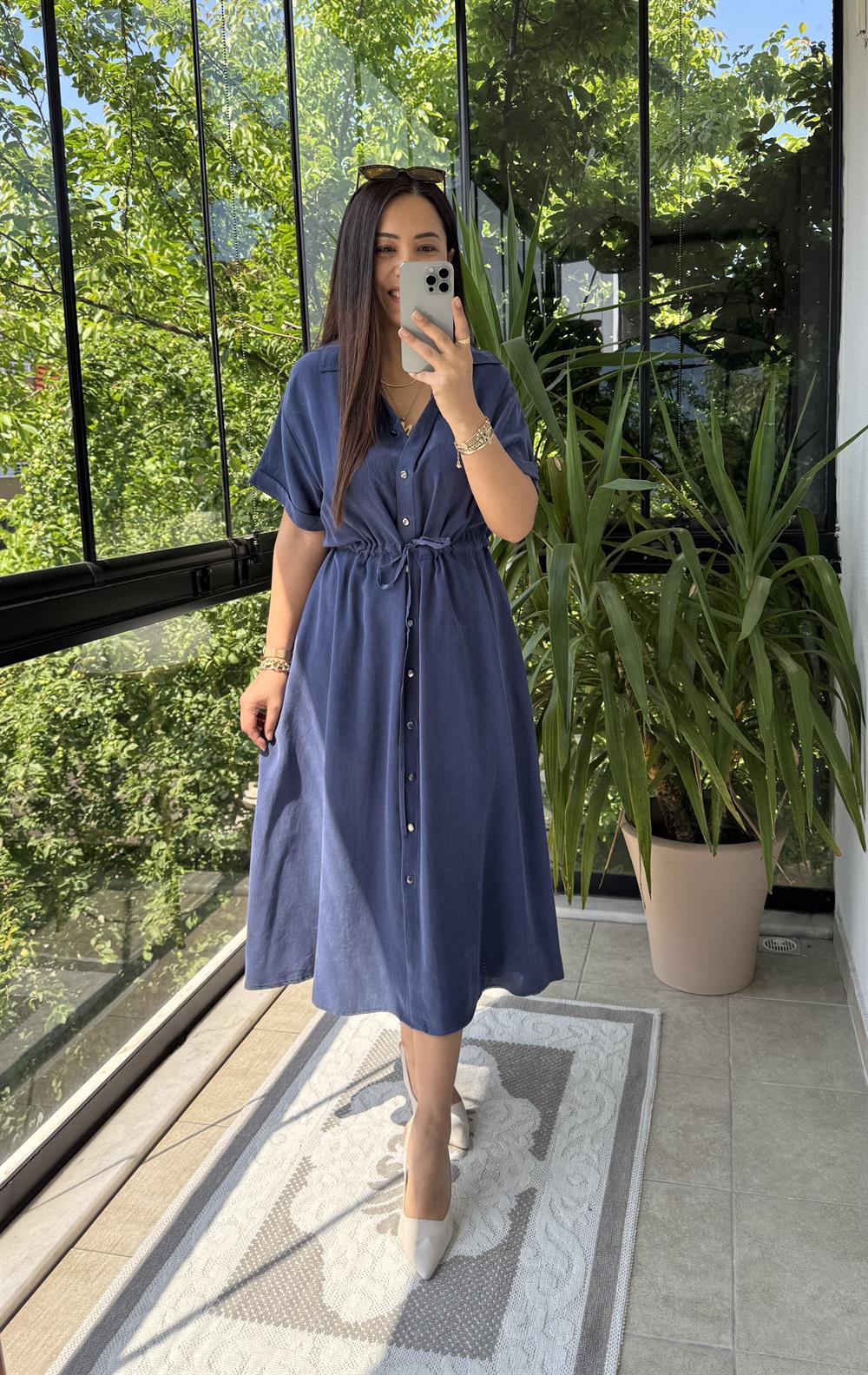 Beli Büzgülü Tensel Elbise Lacivert