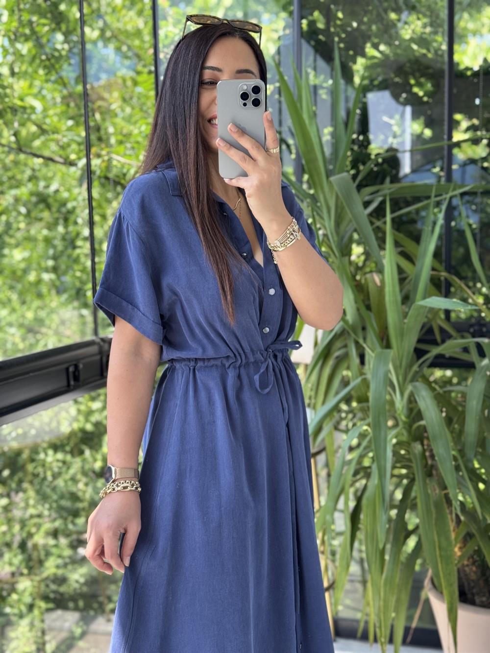 Beli Büzgülü Tensel Elbise Lacivert