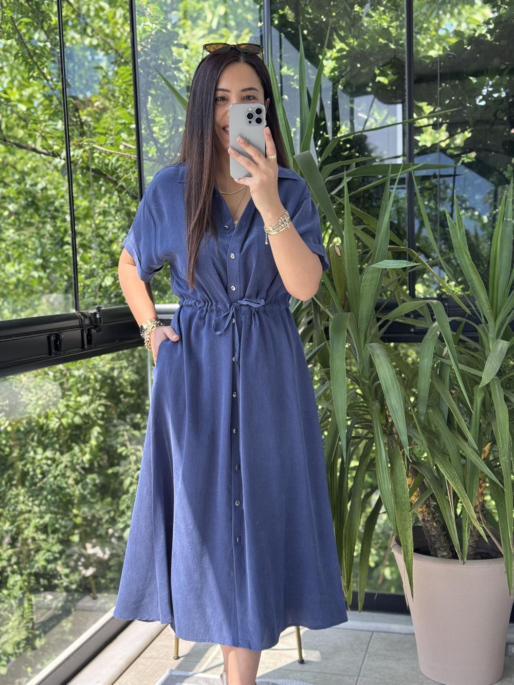 Beli Büzgülü Tensel Elbise Lacivert