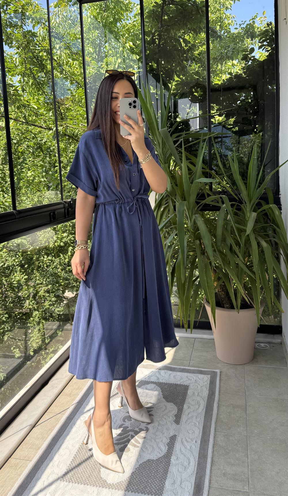 Beli Büzgülü Tensel Elbise Lacivert