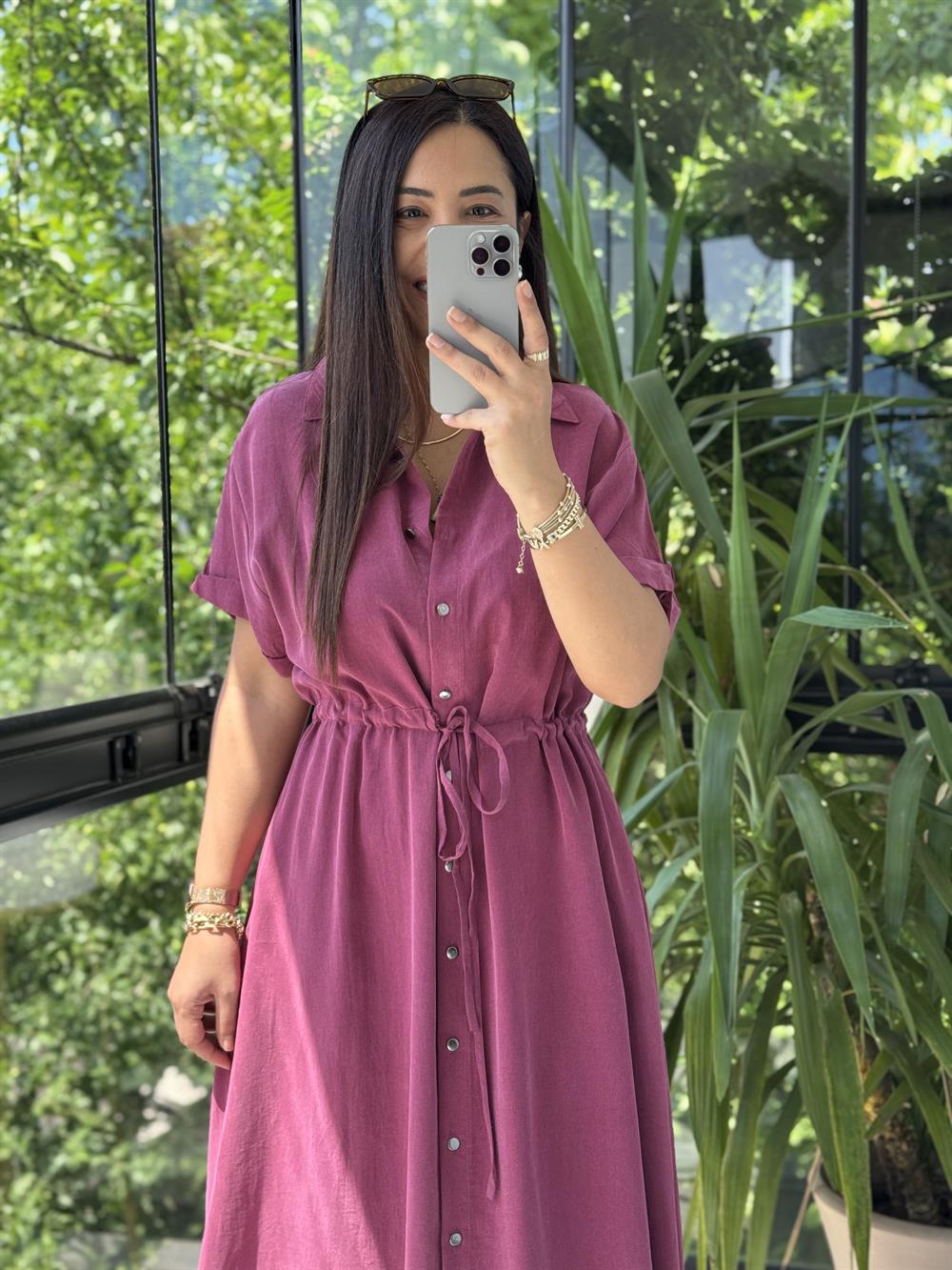 Beli Büzgülü Tensel Elbise Mürdüm