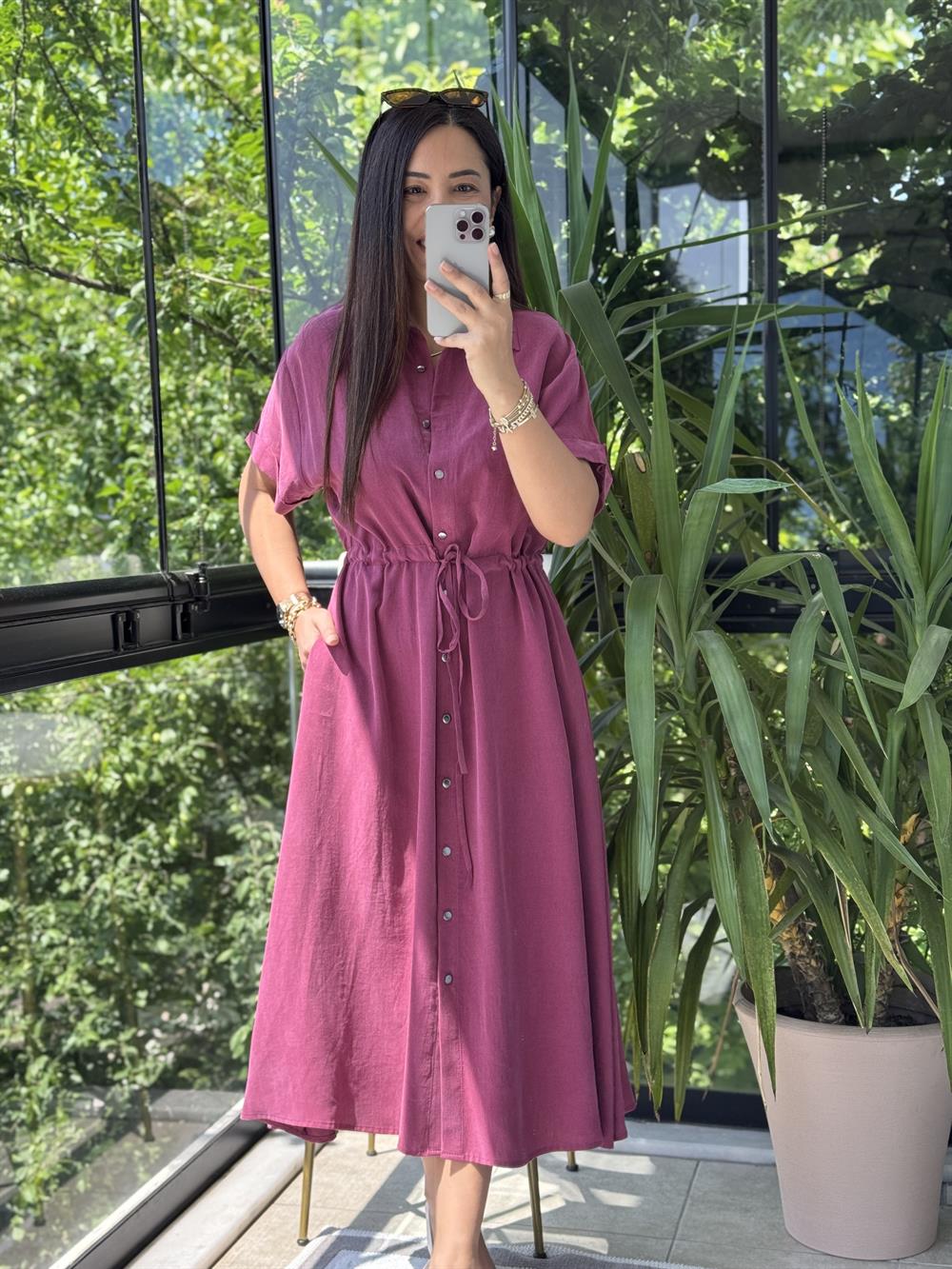 Beli Büzgülü Tensel Elbise Mürdüm