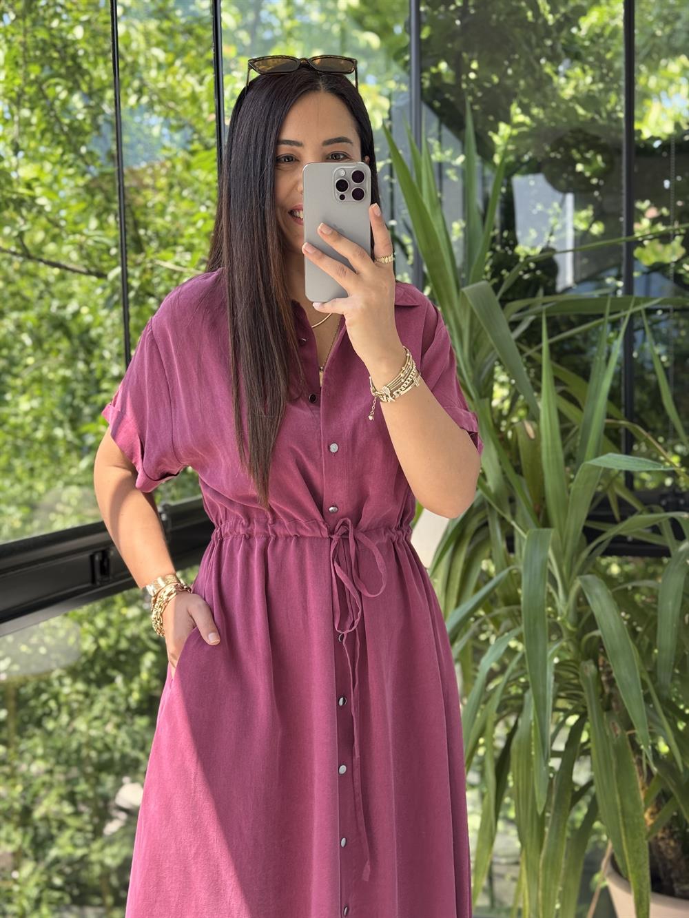 Beli Büzgülü Tensel Elbise Mürdüm