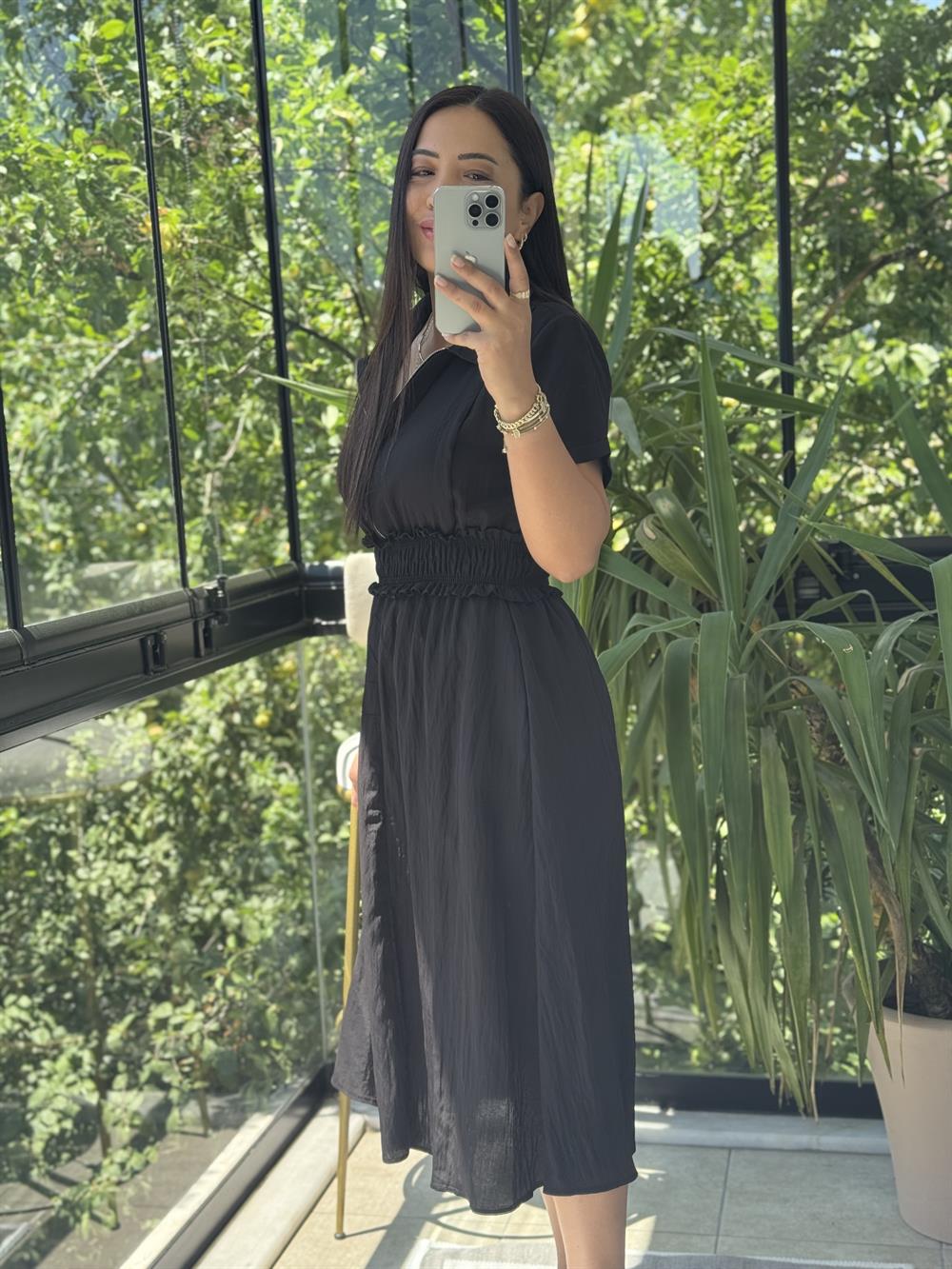 Beli Gipeli ve Fermuarlı İpeksi Elbise Siyah