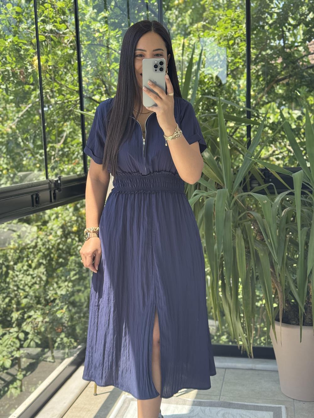 Beli Gipeli ve Fermuarlı İpeksi Elbise Lacivert