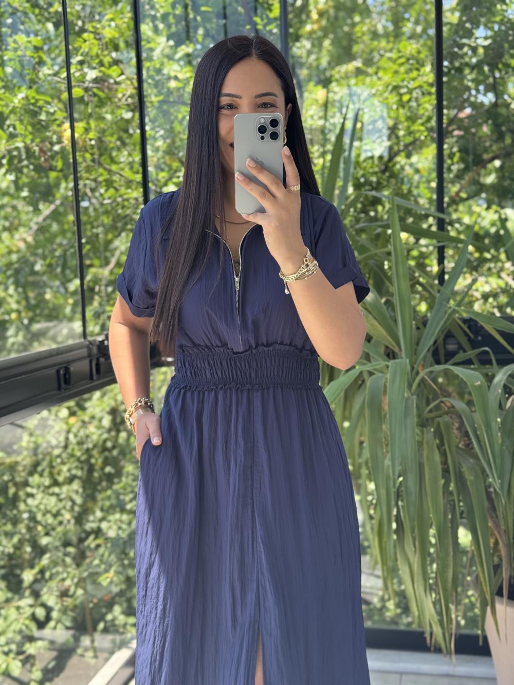 Beli Gipeli ve Fermuarlı İpeksi Elbise Lacivert