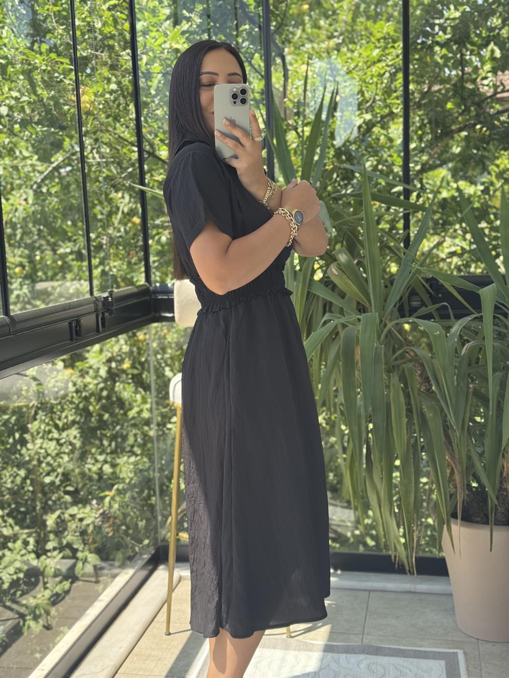 Beli Gipeli ve Fermuarlı İpeksi Elbise Siyah