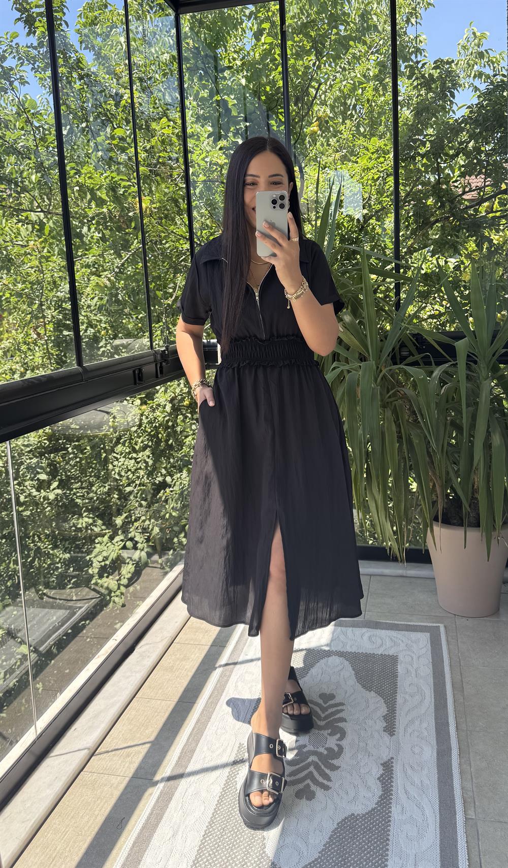 Beli Gipeli ve Fermuarlı İpeksi Elbise Siyah