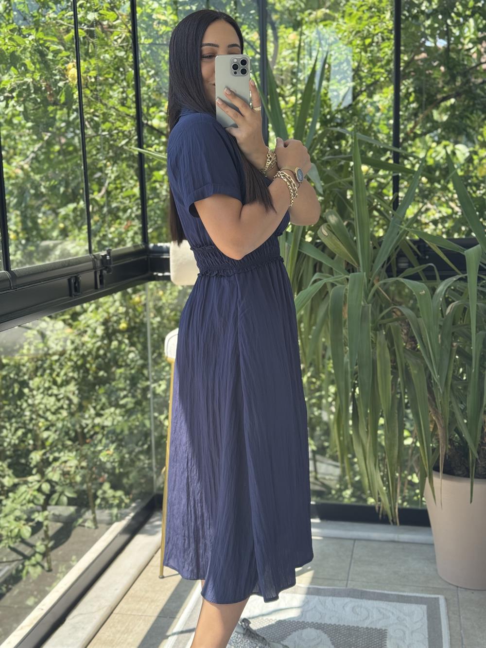 Beli Gipeli ve Fermuarlı İpeksi Elbise Lacivert