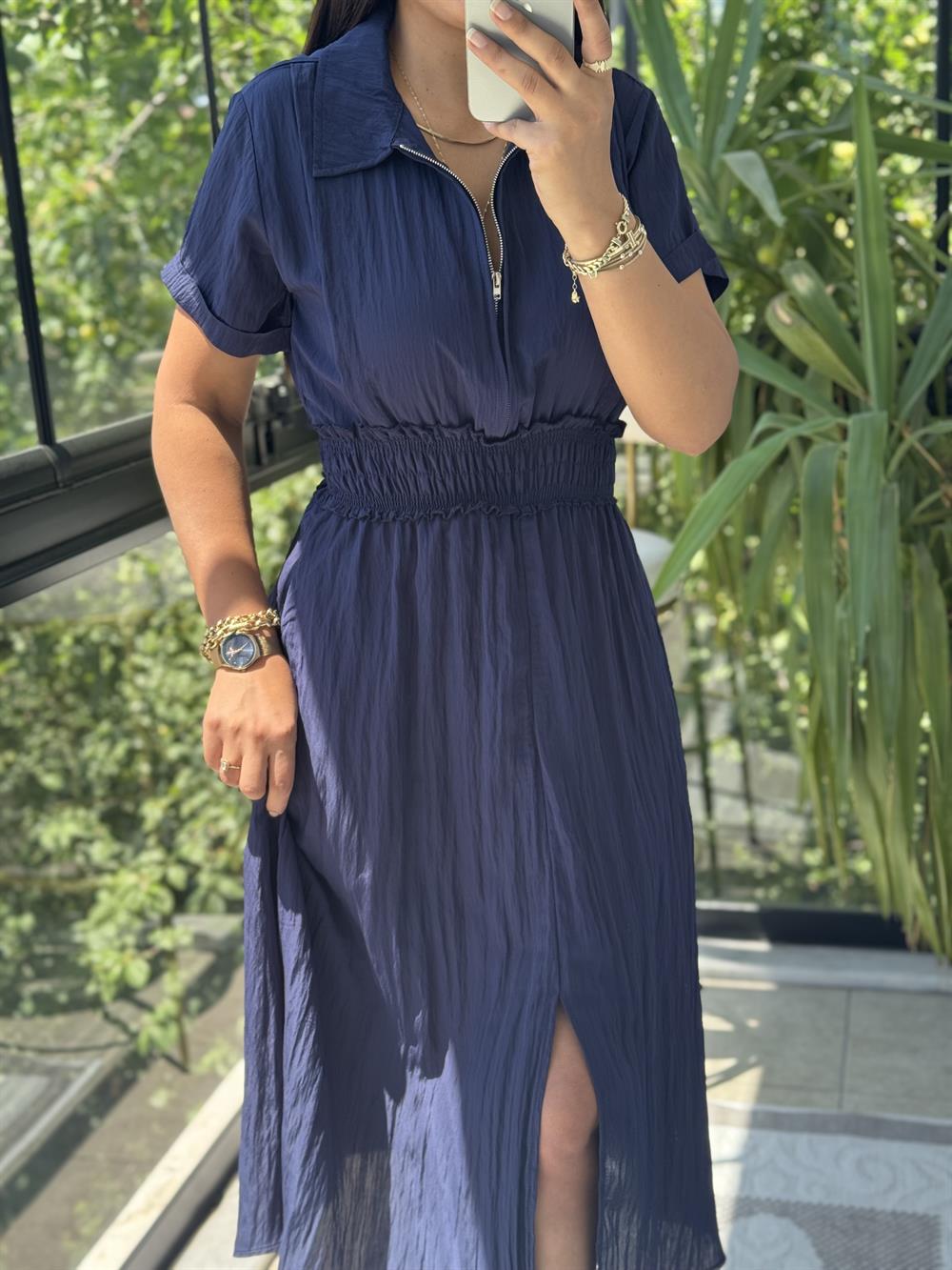 Beli Gipeli ve Fermuarlı İpeksi Elbise Lacivert