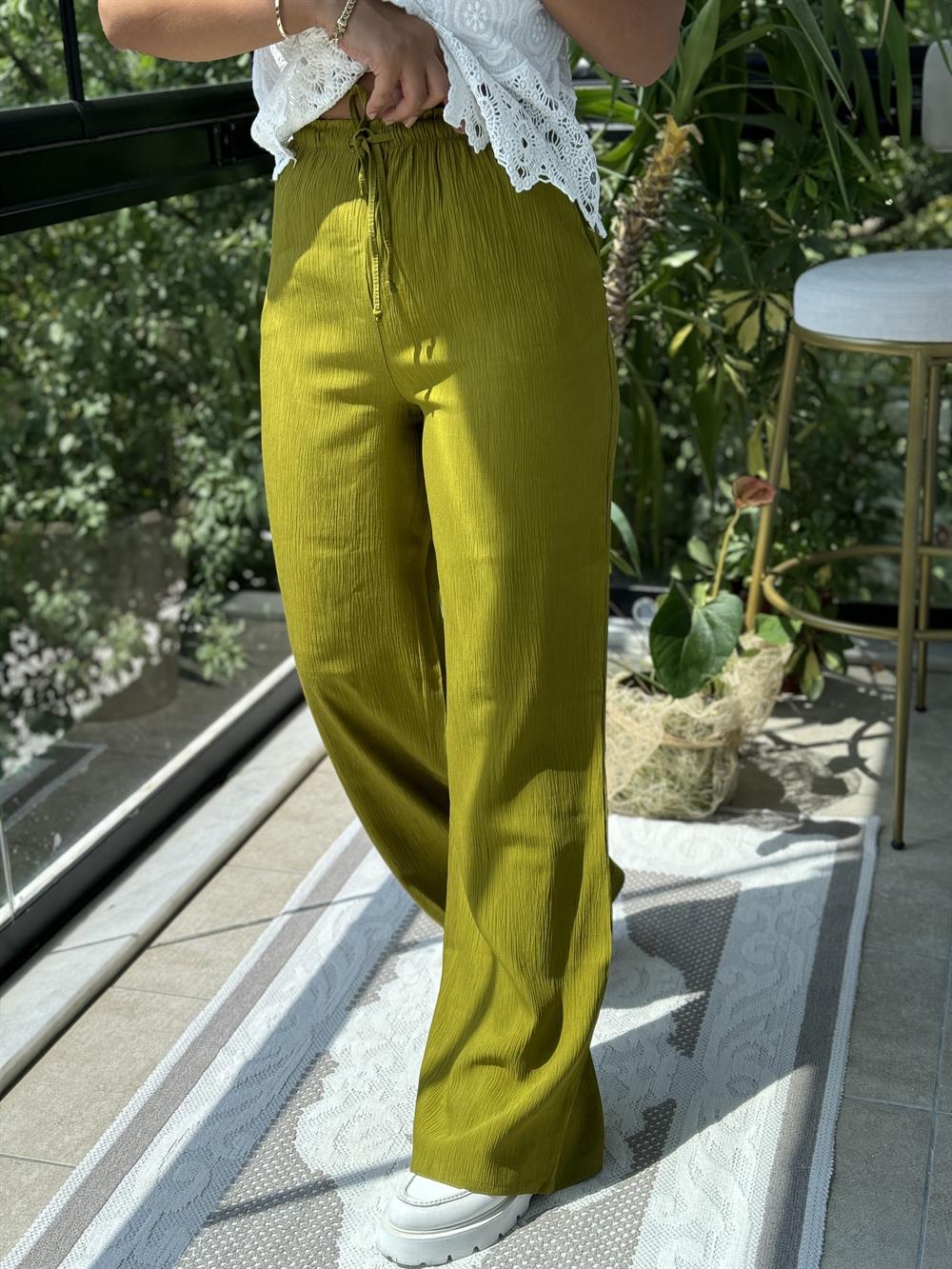 Beli Lastikli Biyeli Pantolon Yağ Yeşili