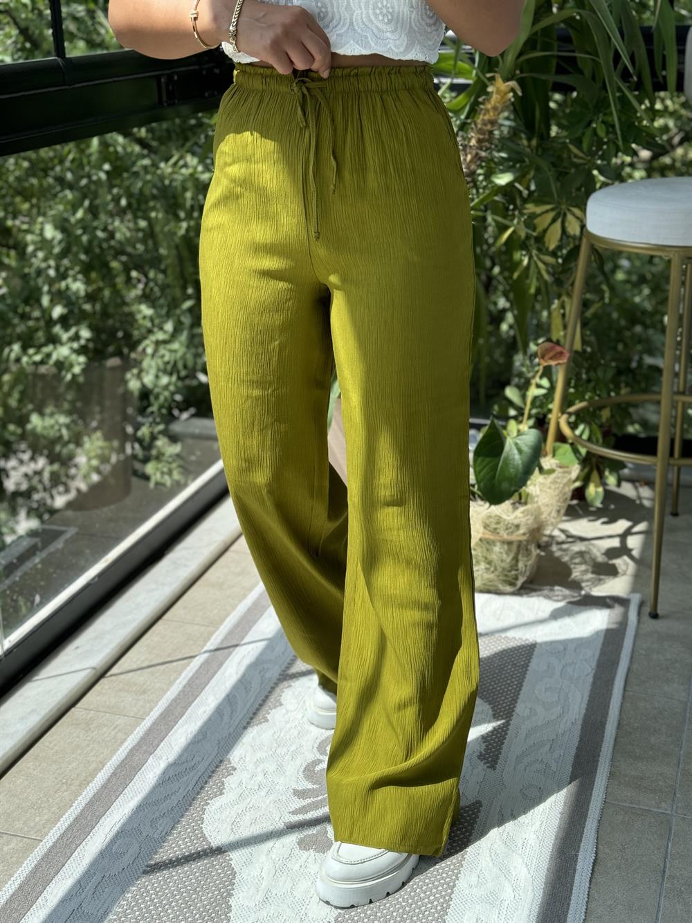 Beli Lastikli Biyeli Pantolon Yağ Yeşili