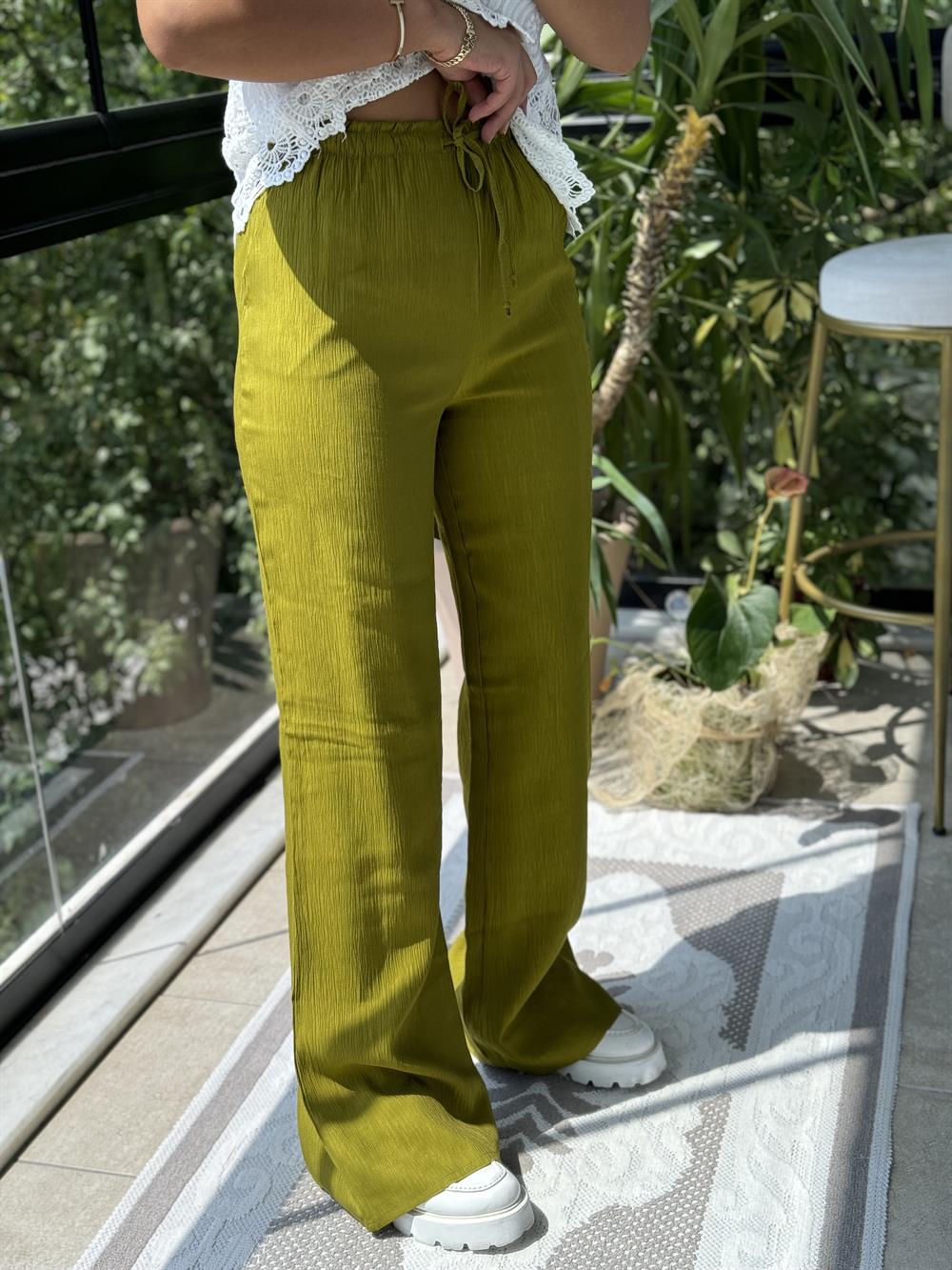 Beli Lastikli Biyeli Pantolon Yağ Yeşili