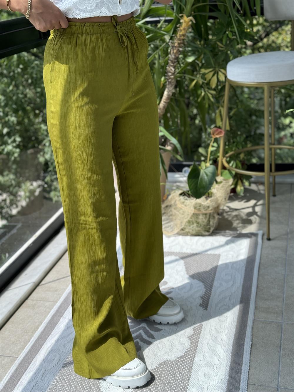 Beli Lastikli Biyeli Pantolon Yağ Yeşili