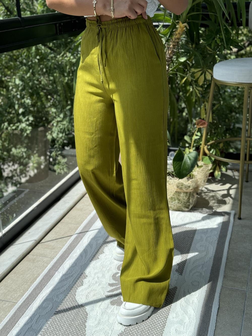 Beli Lastikli Biyeli Pantolon Yağ Yeşili